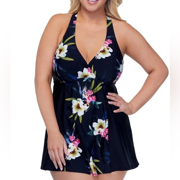Island Escape Plus Size Tahiti Beach Underwire One Piece Swimsuit Swimdress - Picture 1 of 7